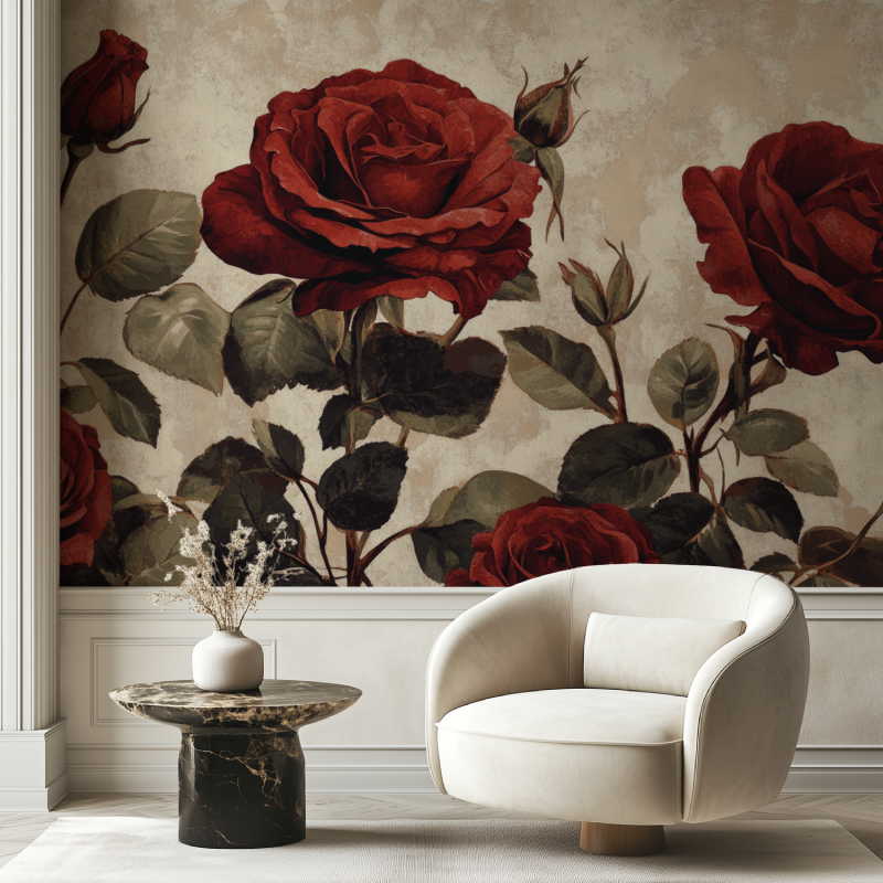 Papier peint vintage rouge et rose chaise tendance