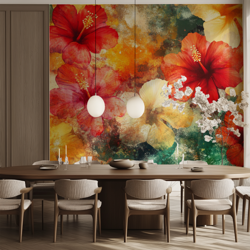 Papier peint fleur hawaienne salle manger tendance