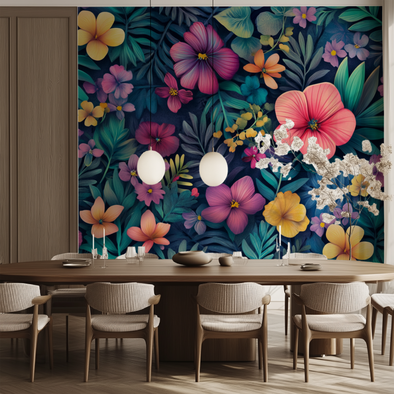 Papier peint fleur de jungle salle manger tendance