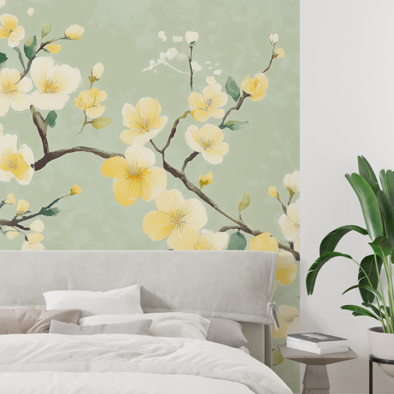 Papier peint fleur cerisier jaune tapisserie tendance