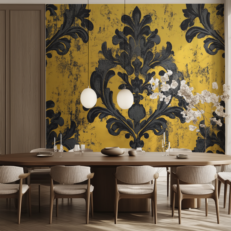 Papier peint vintage jaune et noir salle manger tendance