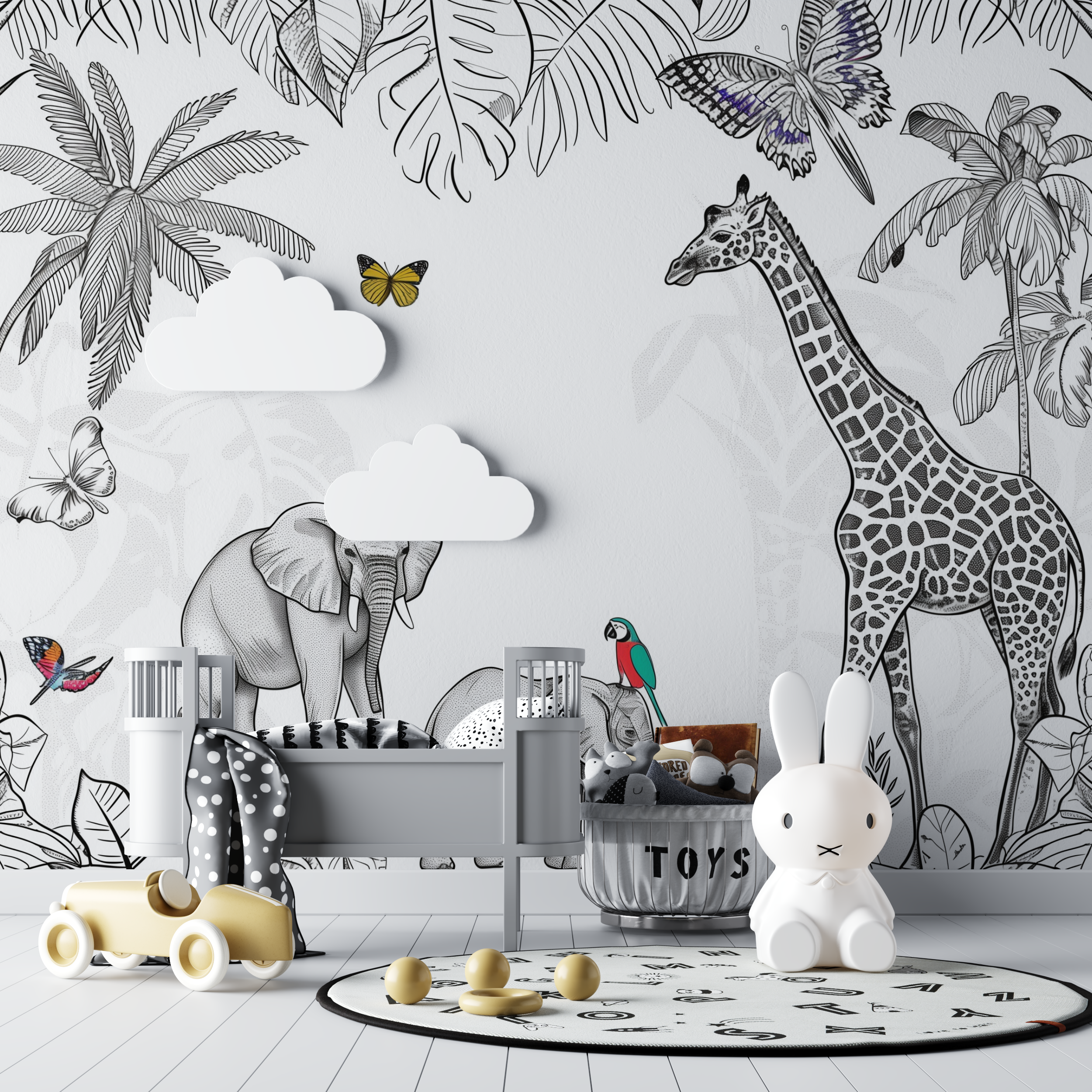 Papier peint panoramique animaux de la jungle bebe tipi