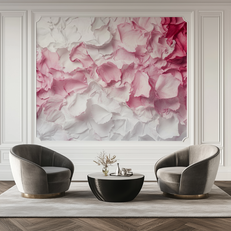 Papier peint fleur fond blanc et rose salon tapis