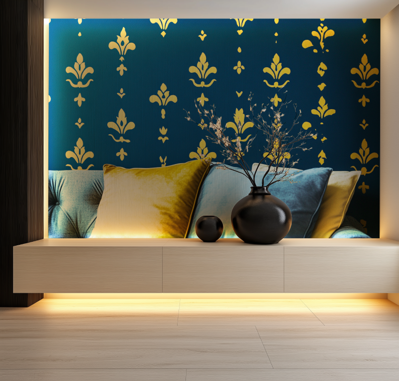 Papier peint fleur de lys jaune... fonds bleu roi salon neon