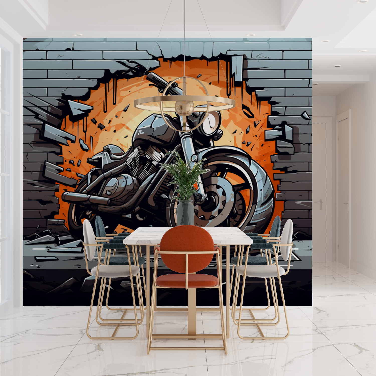 Papier peint panoramique moto et briques tendances