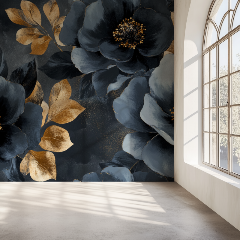 Papier peint fleur gris anthracite et or intisse mur simple