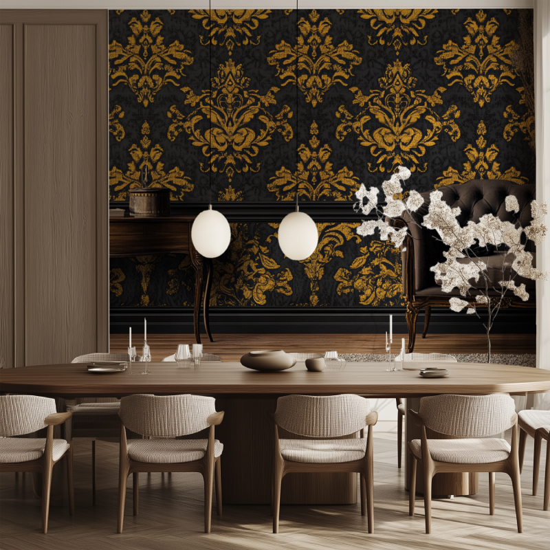 Papier peint vintage noir jaune salle manger tendance