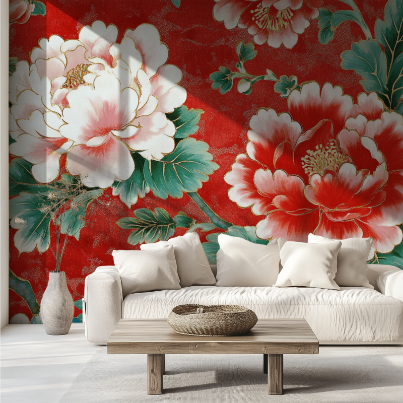 Papier peint fleur chinoises canape tendance