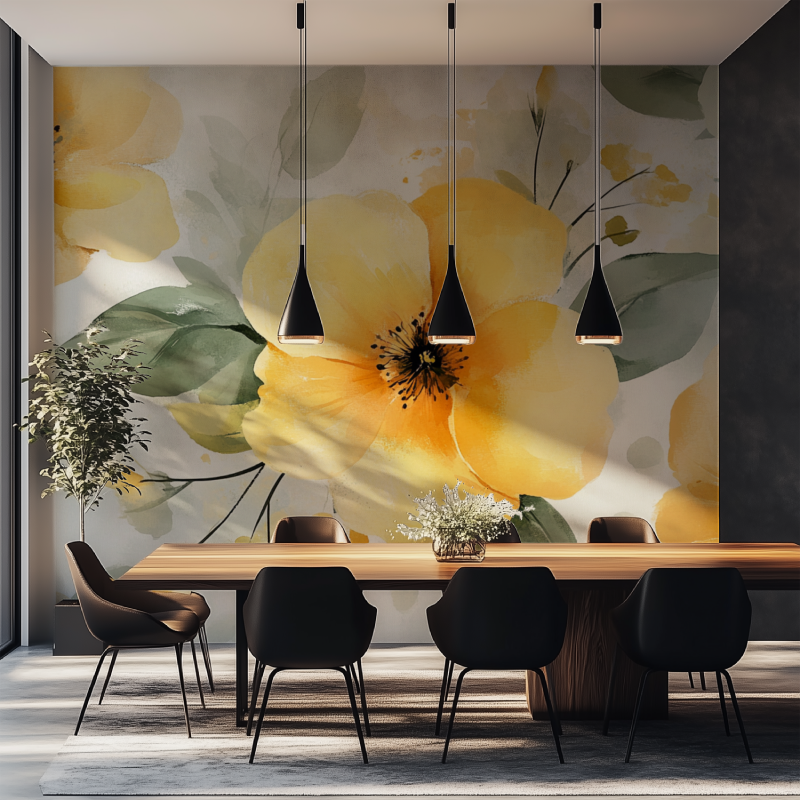 Papier peint fleur jaunes salle manger tapisserie