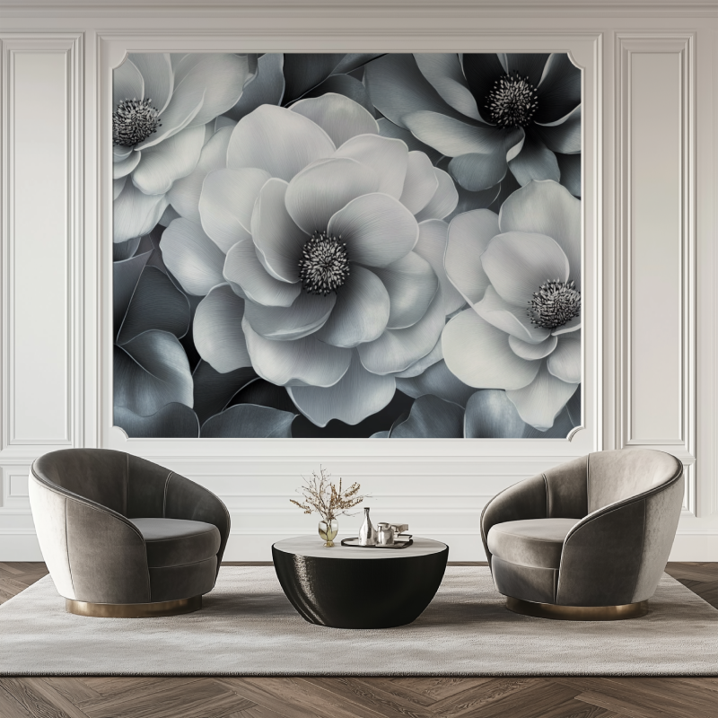 Papier peint fleur gris anthracite noir salon tapis
