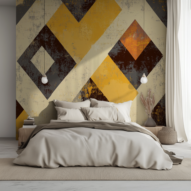 Papier peint vintage jaune geometrie lit 1234