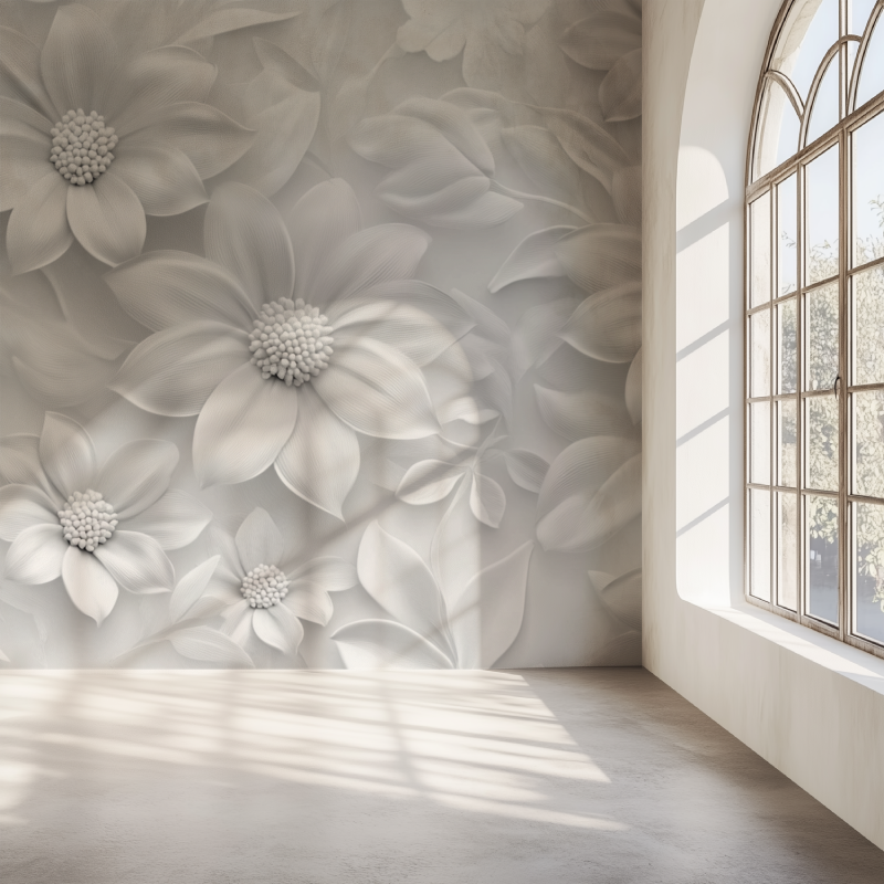 Papier peint fleur gris et blanc mur simple