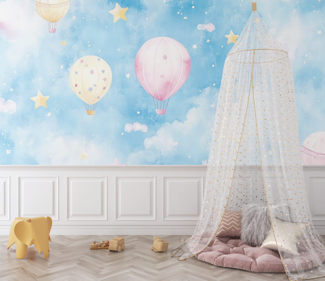 Papier peint montgolfiere et etoiles multicolores bebe