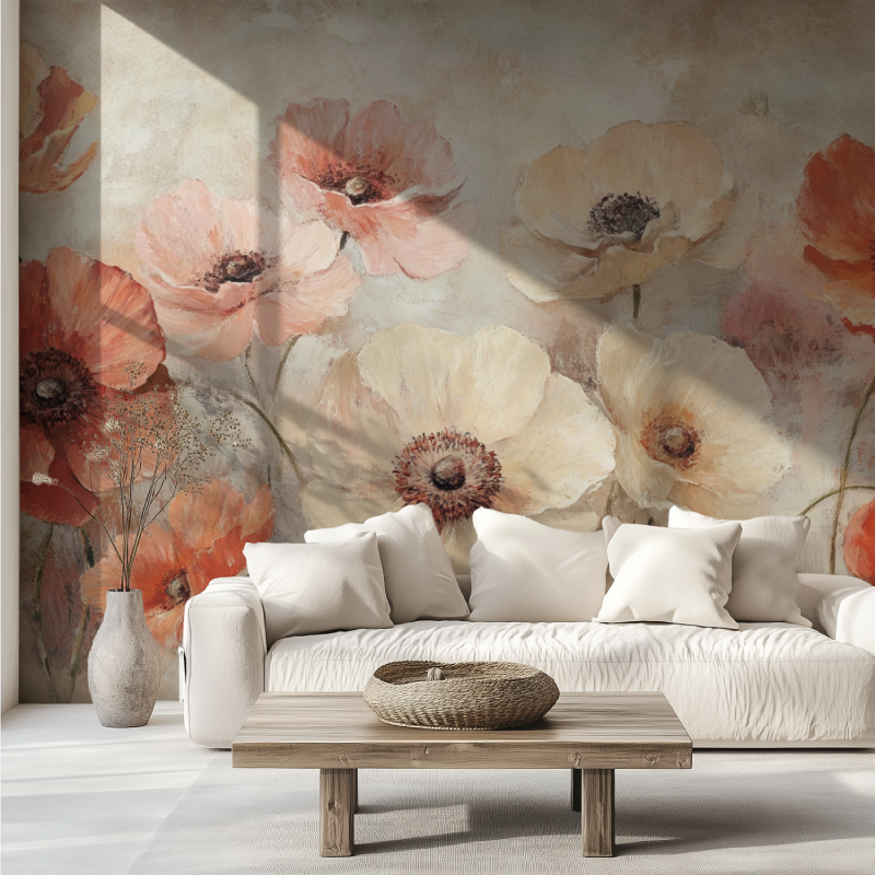 Papier peint fleur de pavot canape tendance