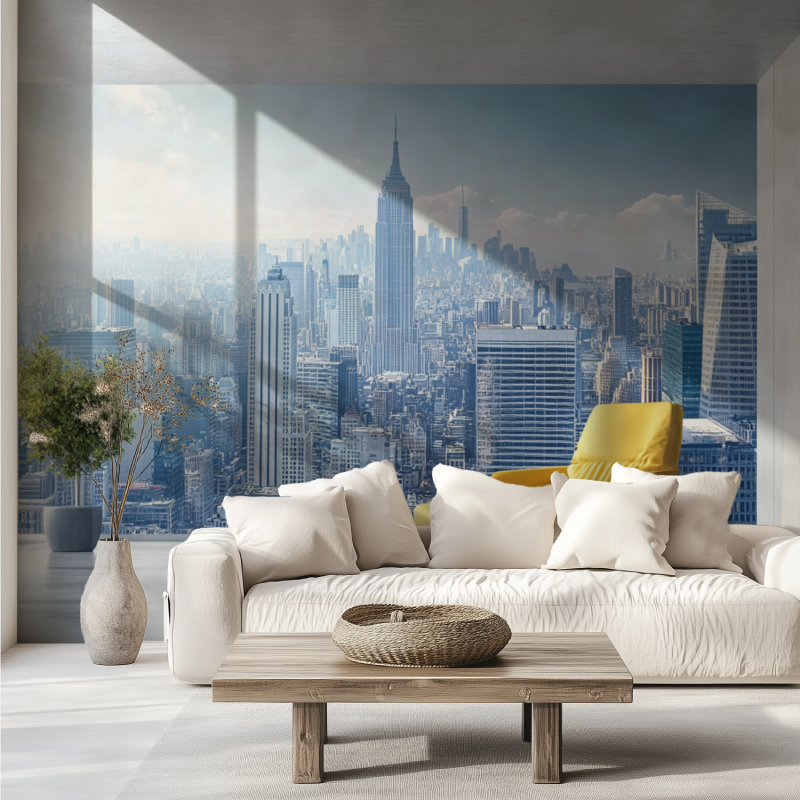 Papier peint trompe loeil ville canape tendance