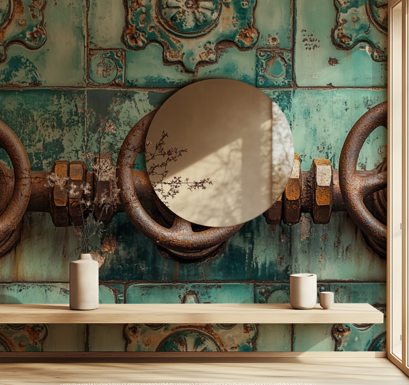 Papier peint vintage motif tuyaux miroir