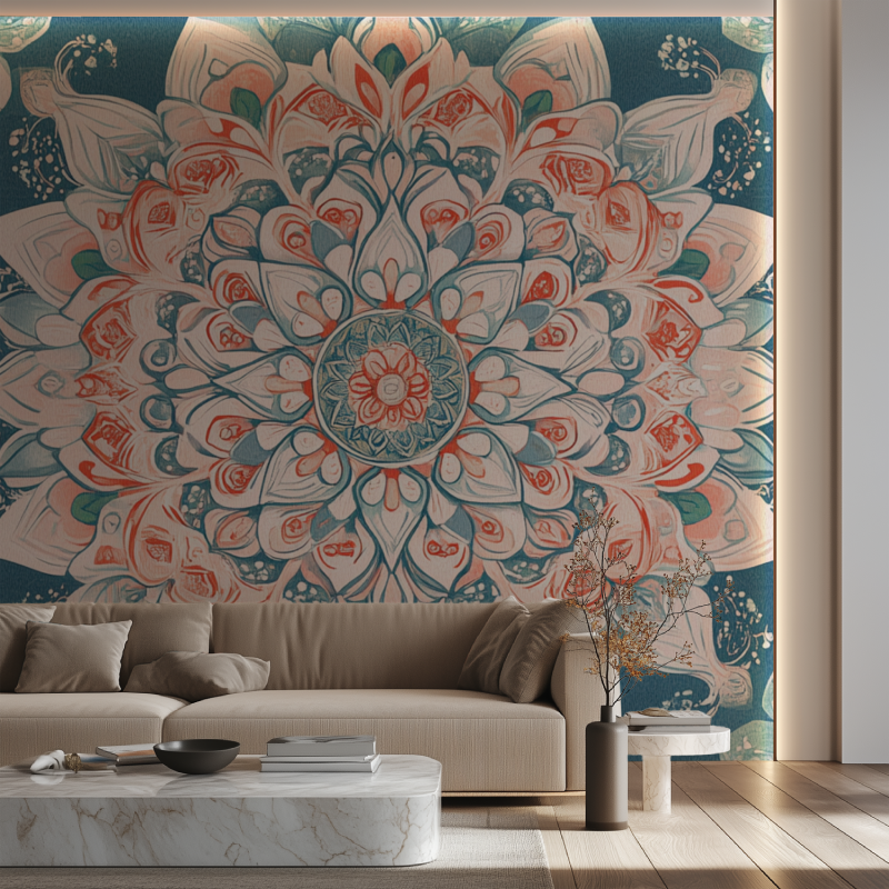 Papier peint fleur mandala canape neon