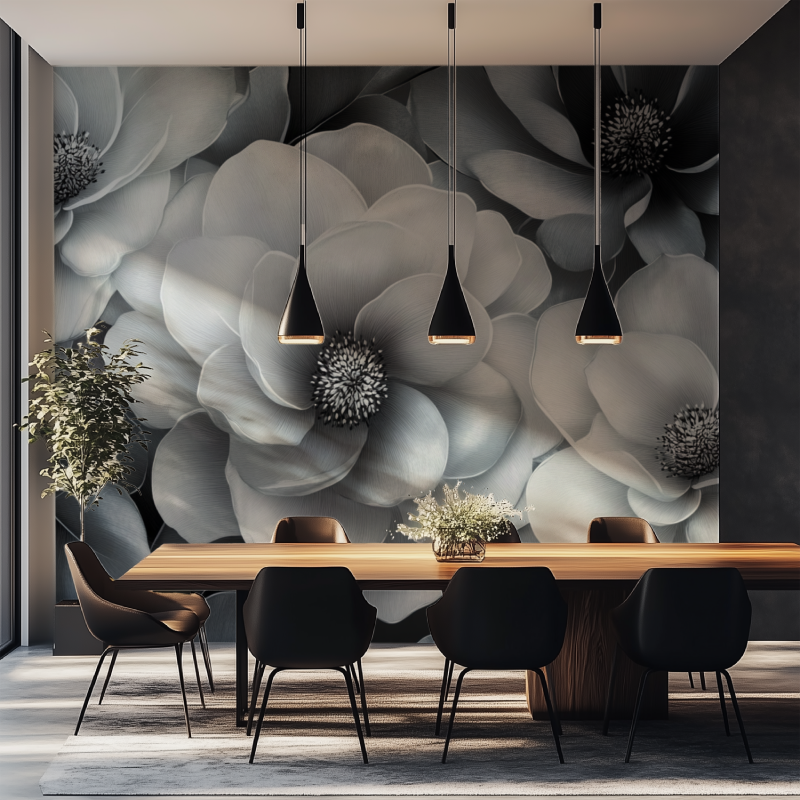 Papier peint fleur gris anthrac...ir salle manger tapisserie