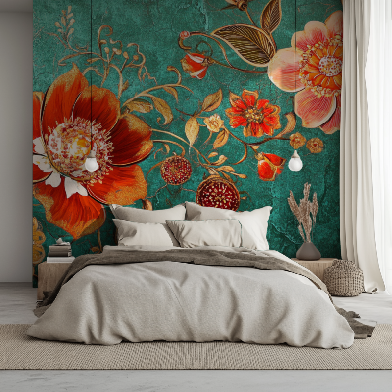 Papier peint fleur indien lit 1234