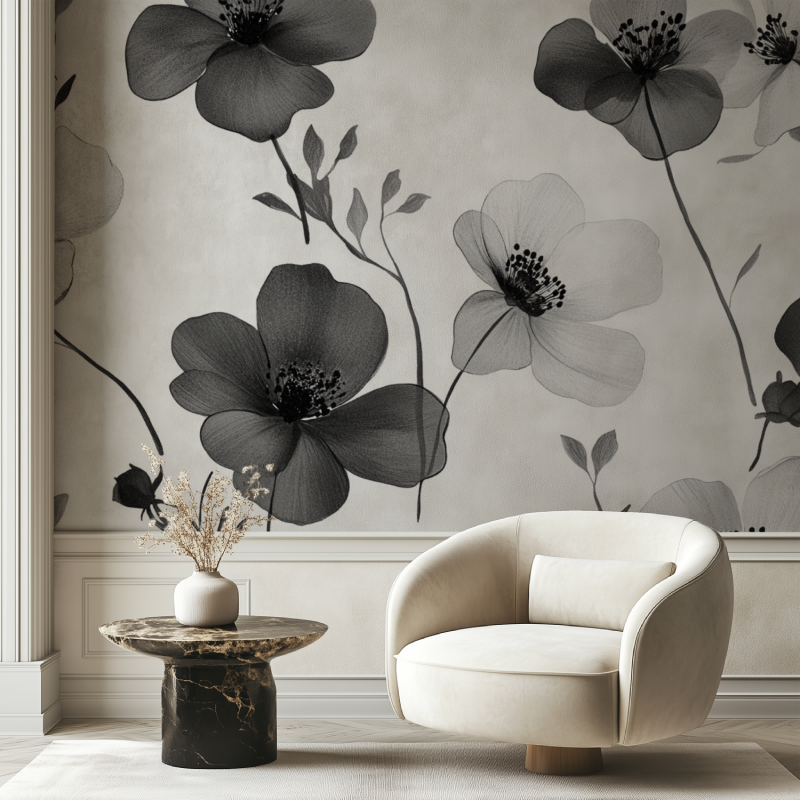 Papier peint fleur epure noir et blanc chaise tendance