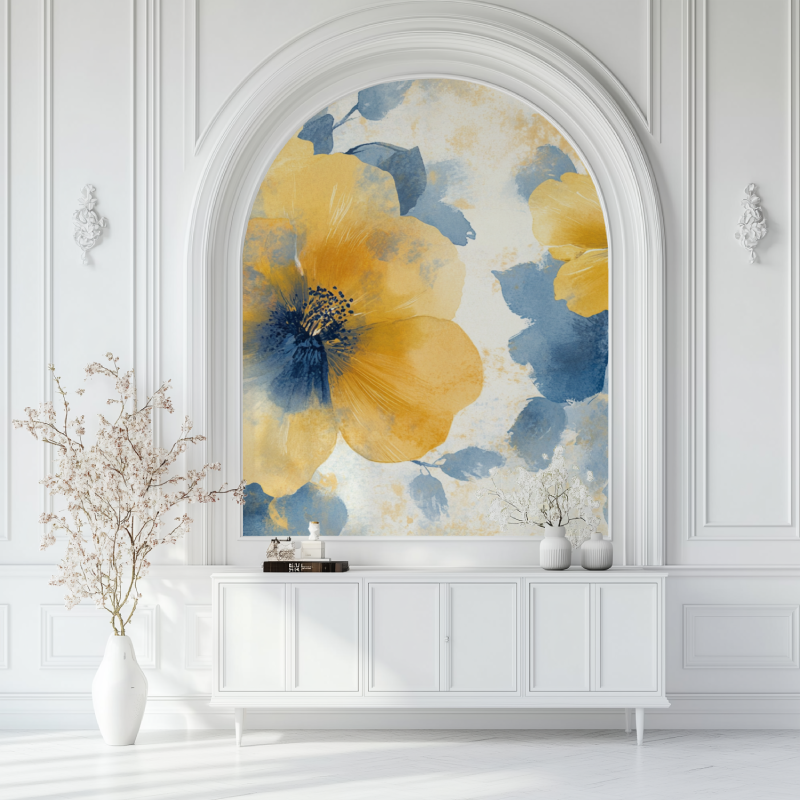 Papier peint fleur jaunes et bleu salon blanc