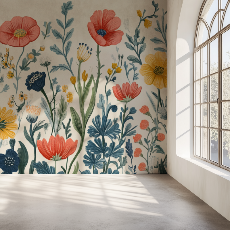 Papier peint fleur naives mur simple