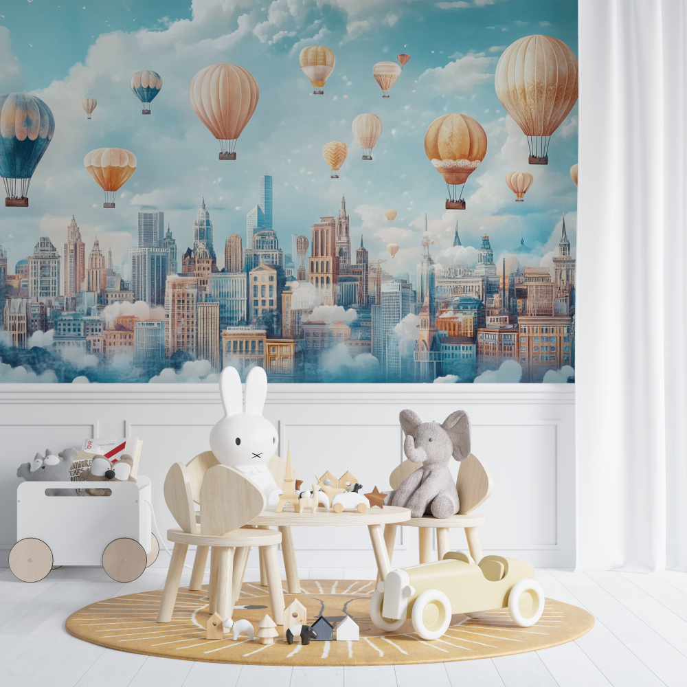 Papier peint montgolfiere et pa...s stylises chambre de bebe