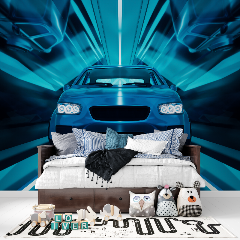 Papier peint 3d voiture bleu panoramique garcon