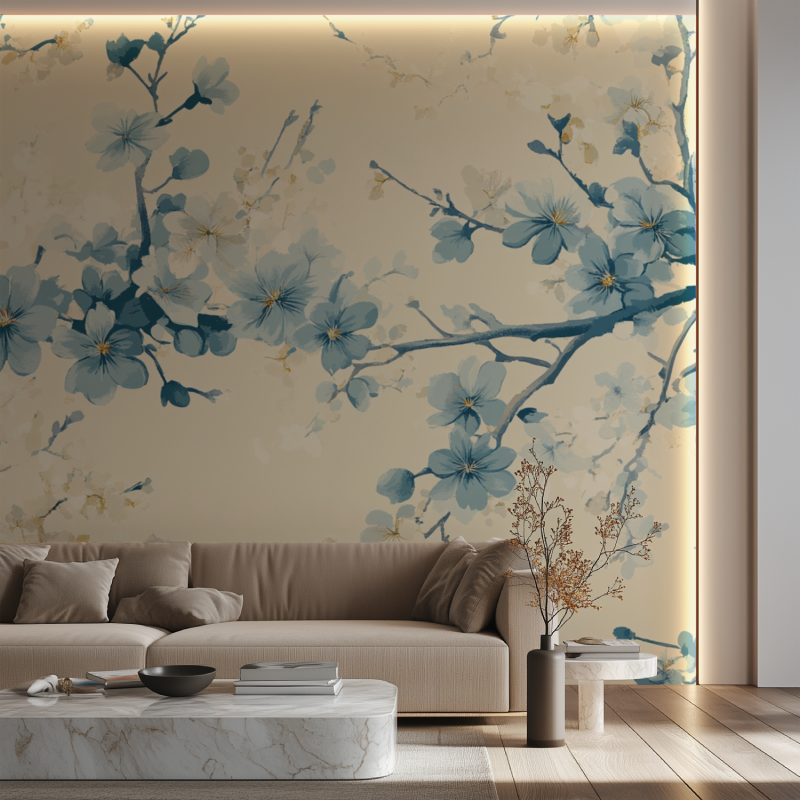 Papier peint fleur japonais bkeu canape neon