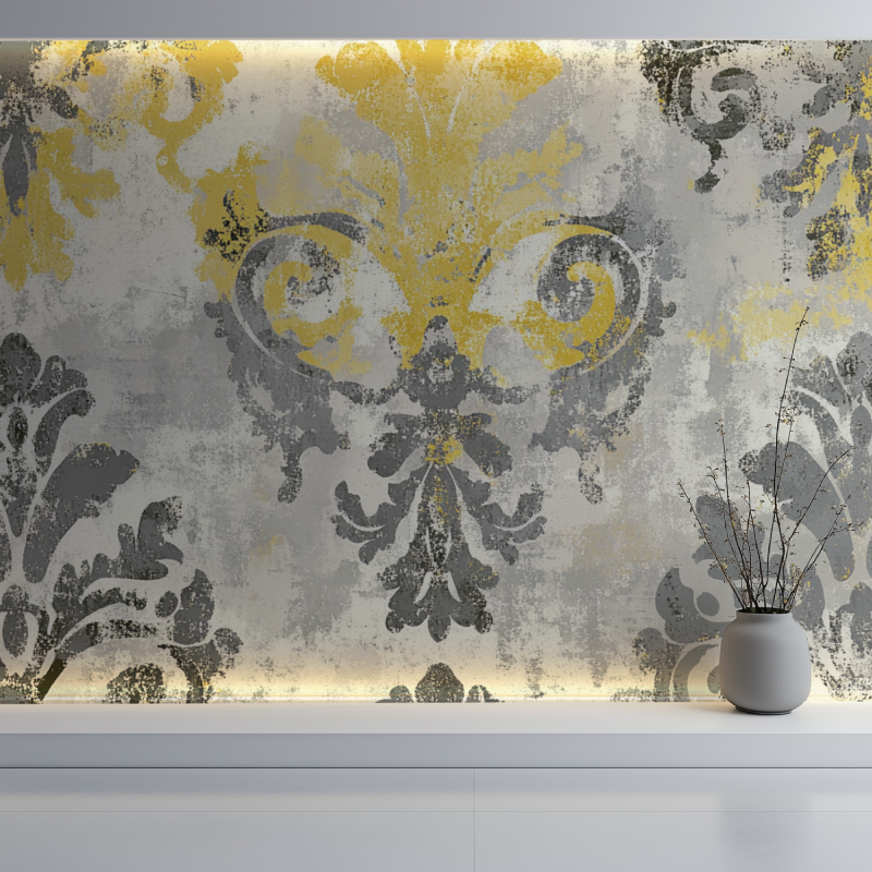 Papier peint vintage jaune et gris mur blanc