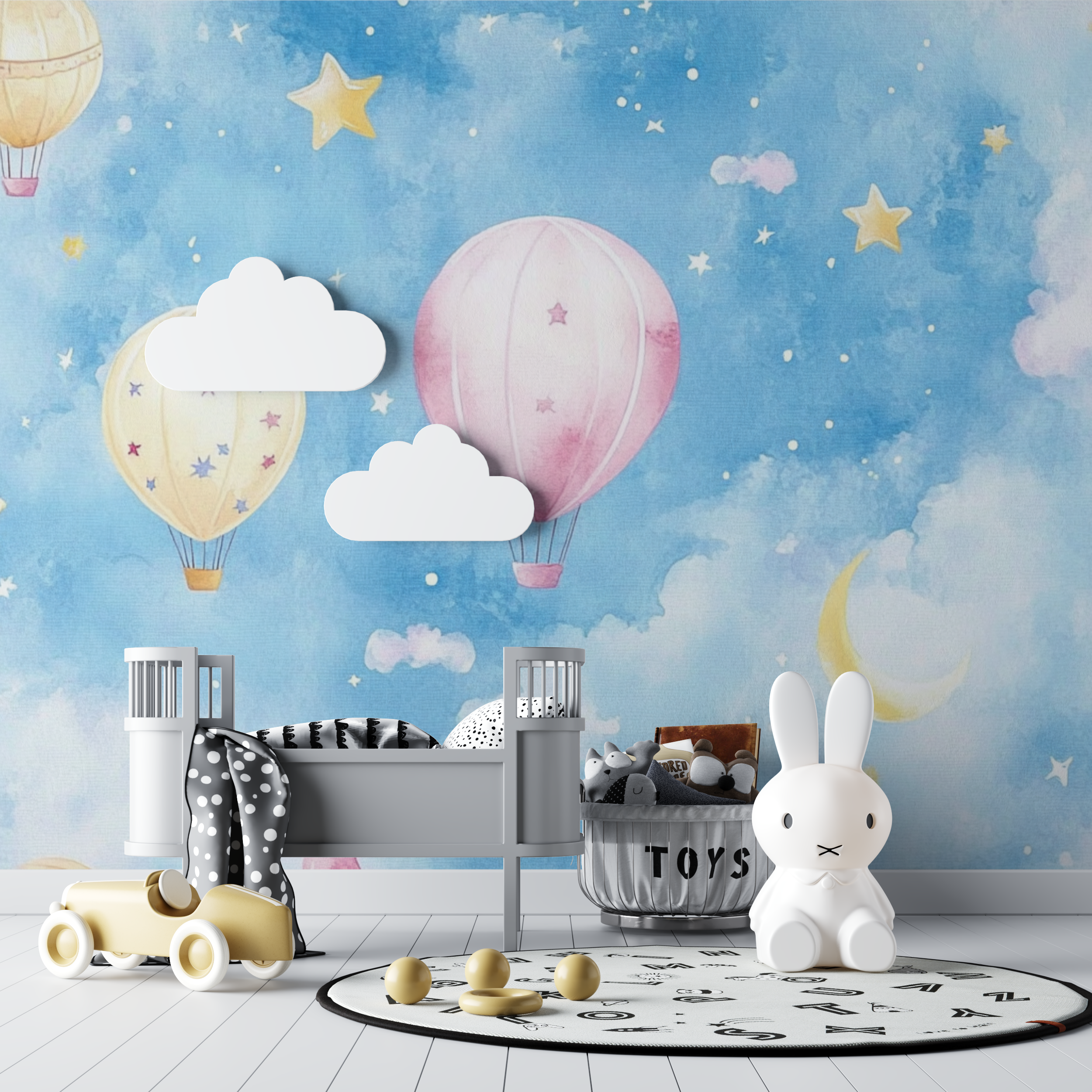 Papier peint montgolfiere et etoiles multicolores bebe tipi