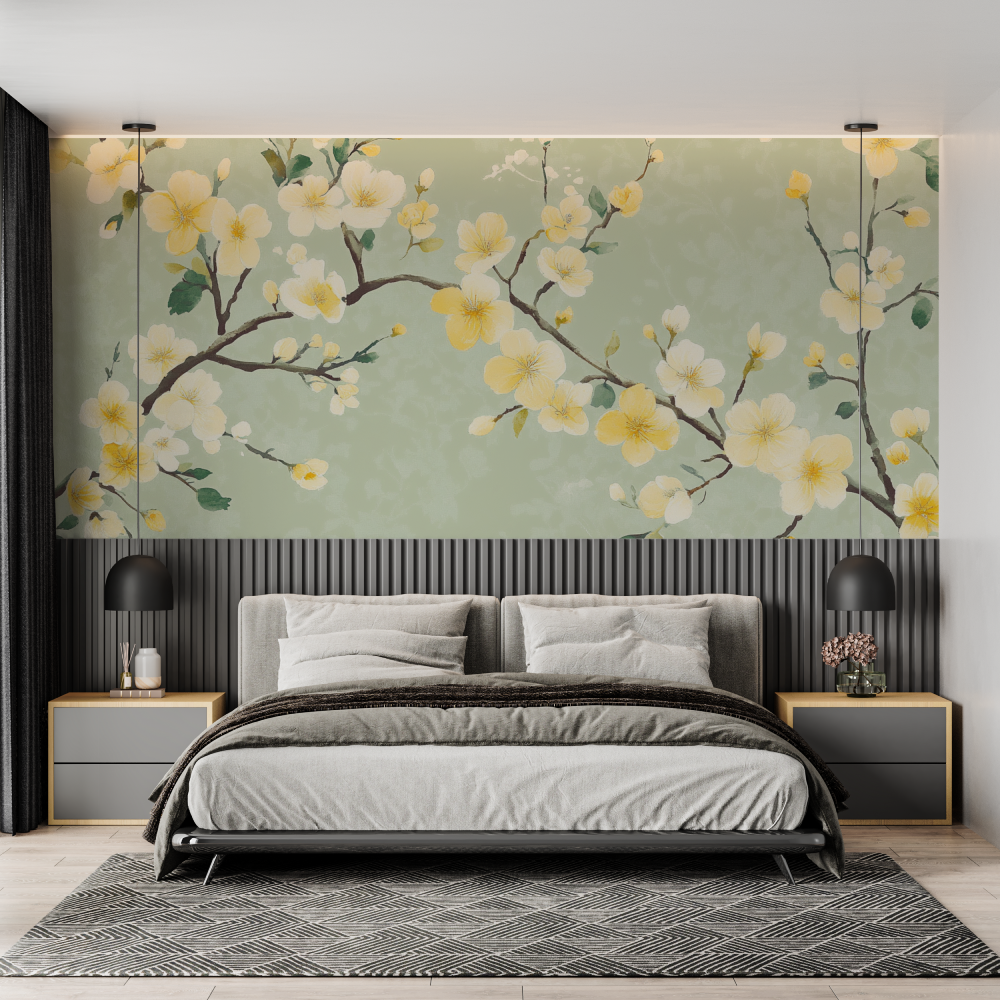 Papier peint fleur cerisier jaune chambre adulte tendance