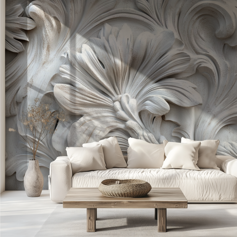 Papier peint moulure trompe loeil canape tendance
