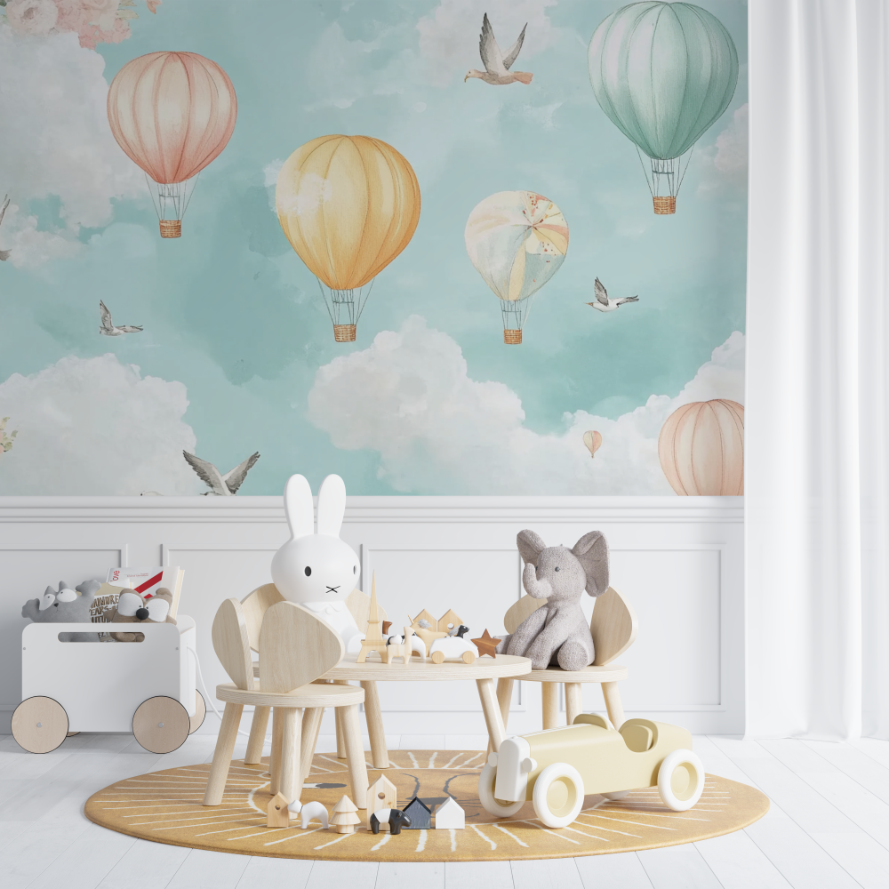 Papier peint montgolfiere et oiseaux en vol chambre de bebe