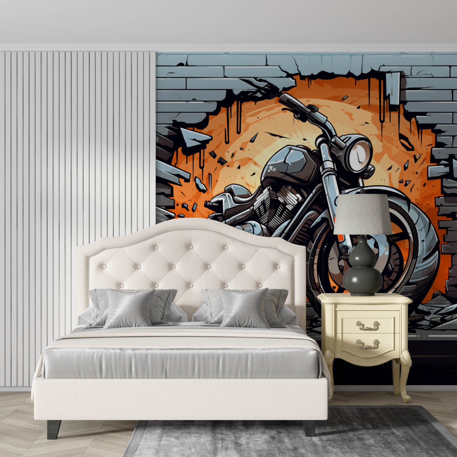Papier peint panoramique moto et briques design