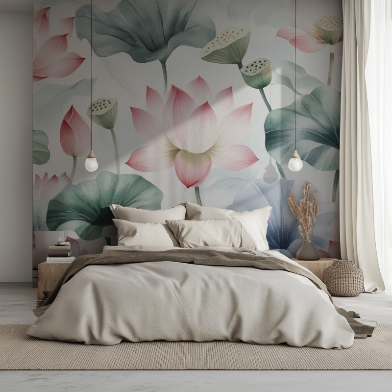 Papier peint fleur lotus lit 1234