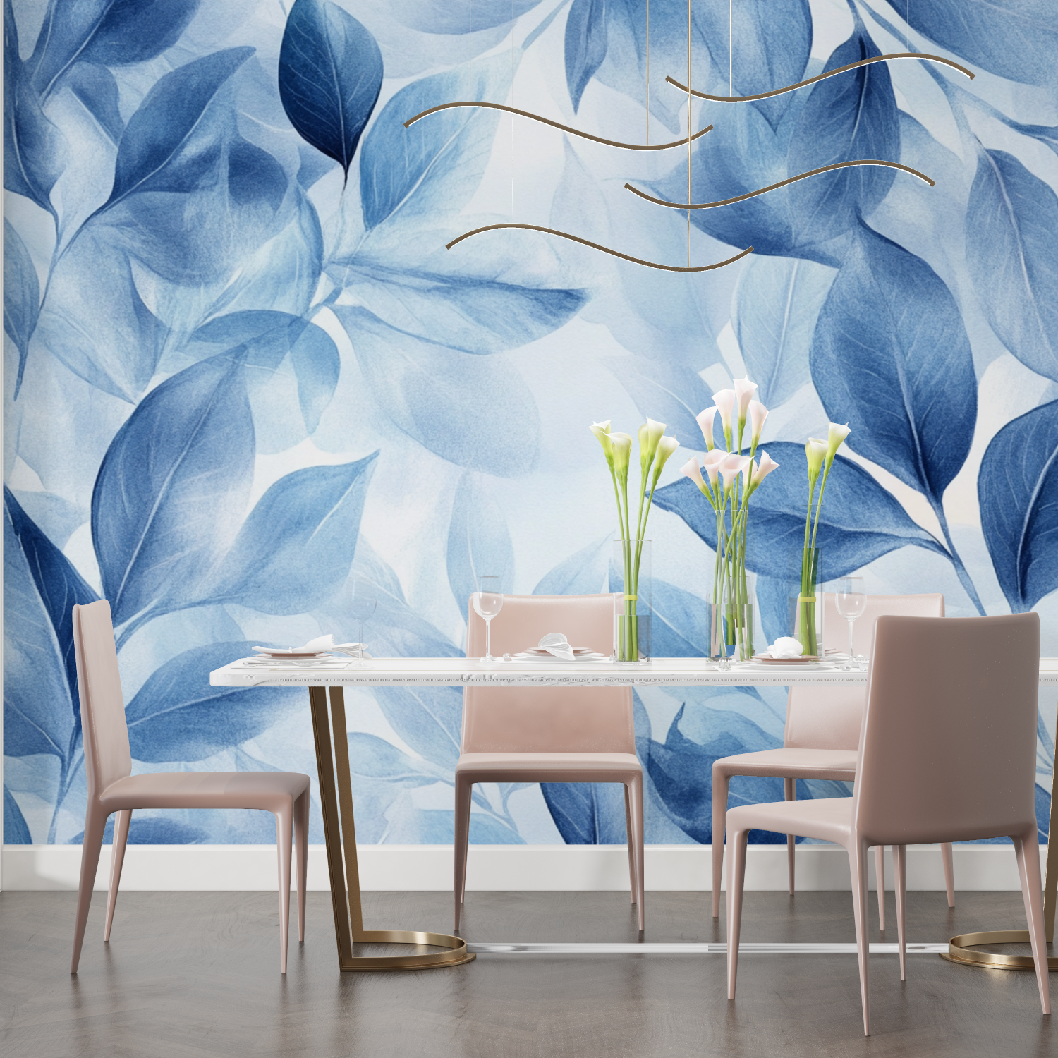 Papier peint aquarelle feuilles bleues abstraites salon