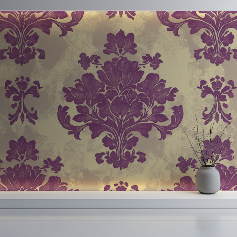 Papier peint vintage mauve vert mur blanc