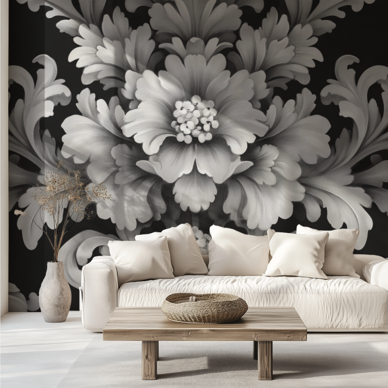 Papier peint vintage gris et blanc canape tendance