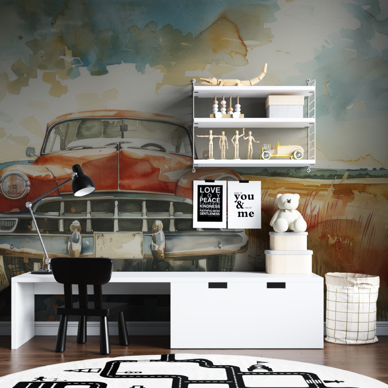 Papier peint voiture vintage st...le tapisserie chambre ados
