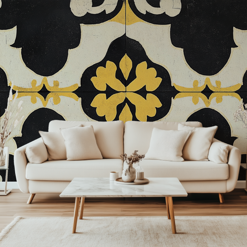 Papier peint vintage jaune moutarde et noir canape simple