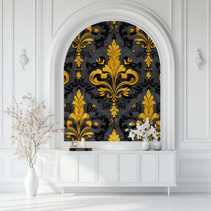 Papier peint fleur de lys noir et jaune salon blanc