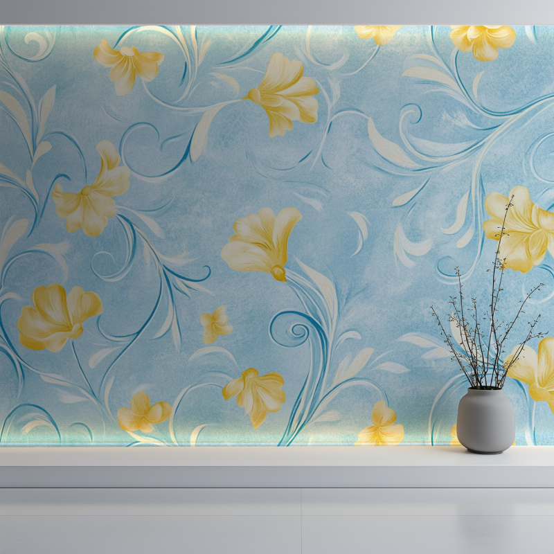 Papier peint vintage jaune et bleu mur blanc