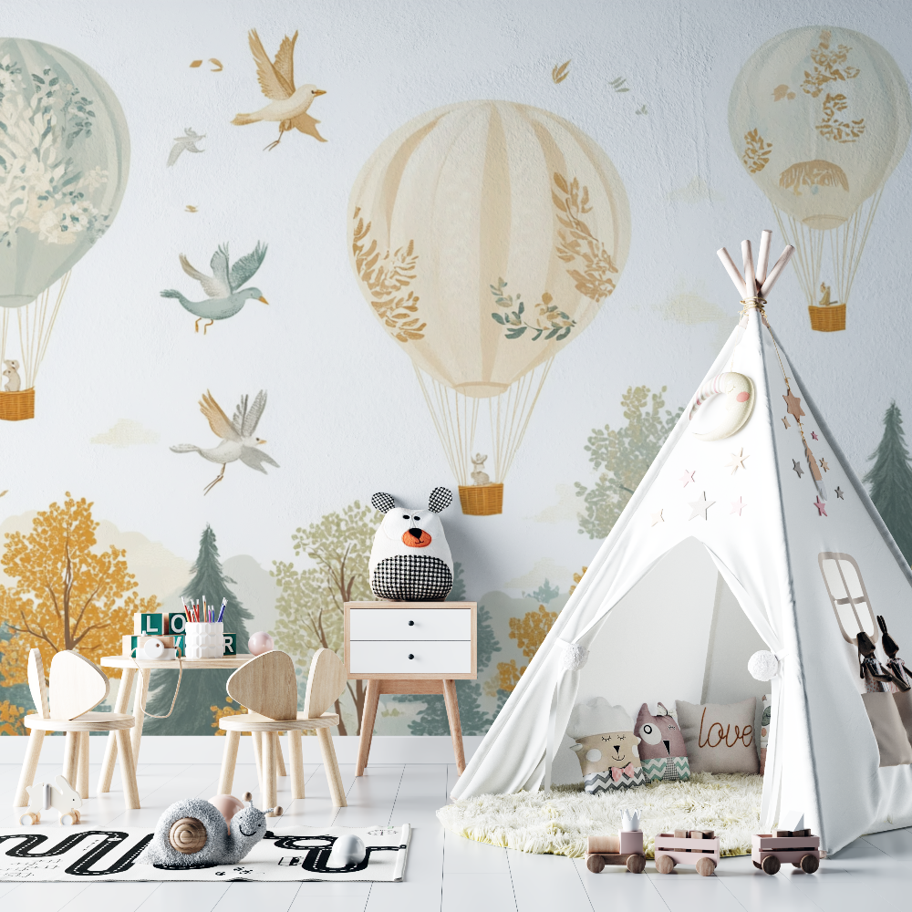 Papier peint montgolfiere et an...x de la foret chambre bebe