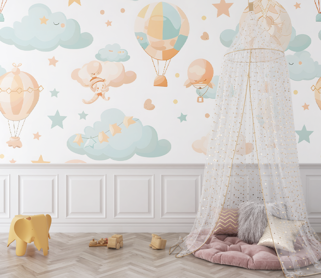 Papier peint bébé Montgolfières et nuages - chambre bébé