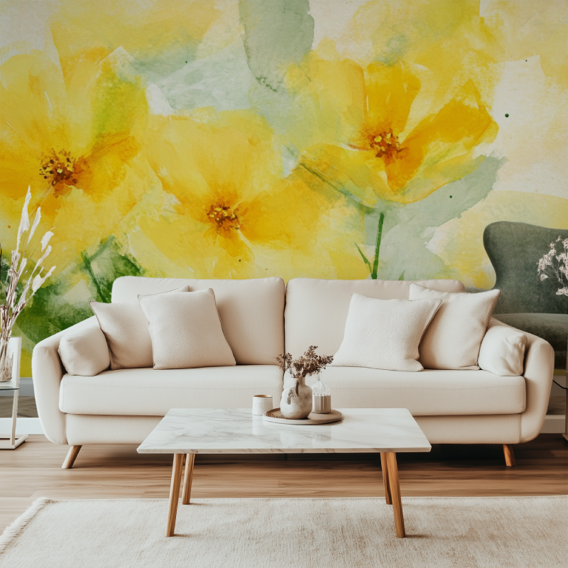 Papier peint fleur geante jaune canape simple