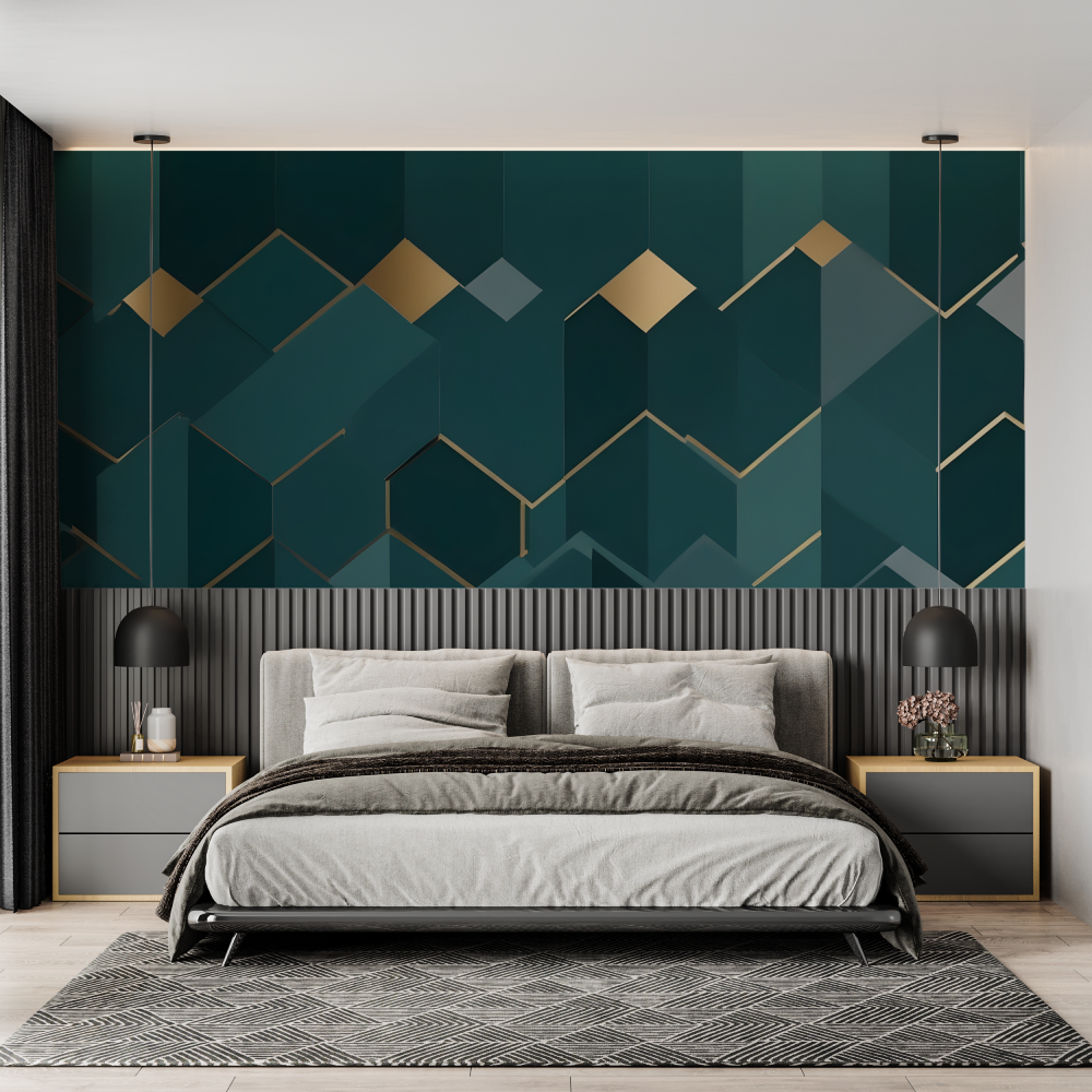 Papier Peint Geometrique Bleu Canard Doré - chambre adulte