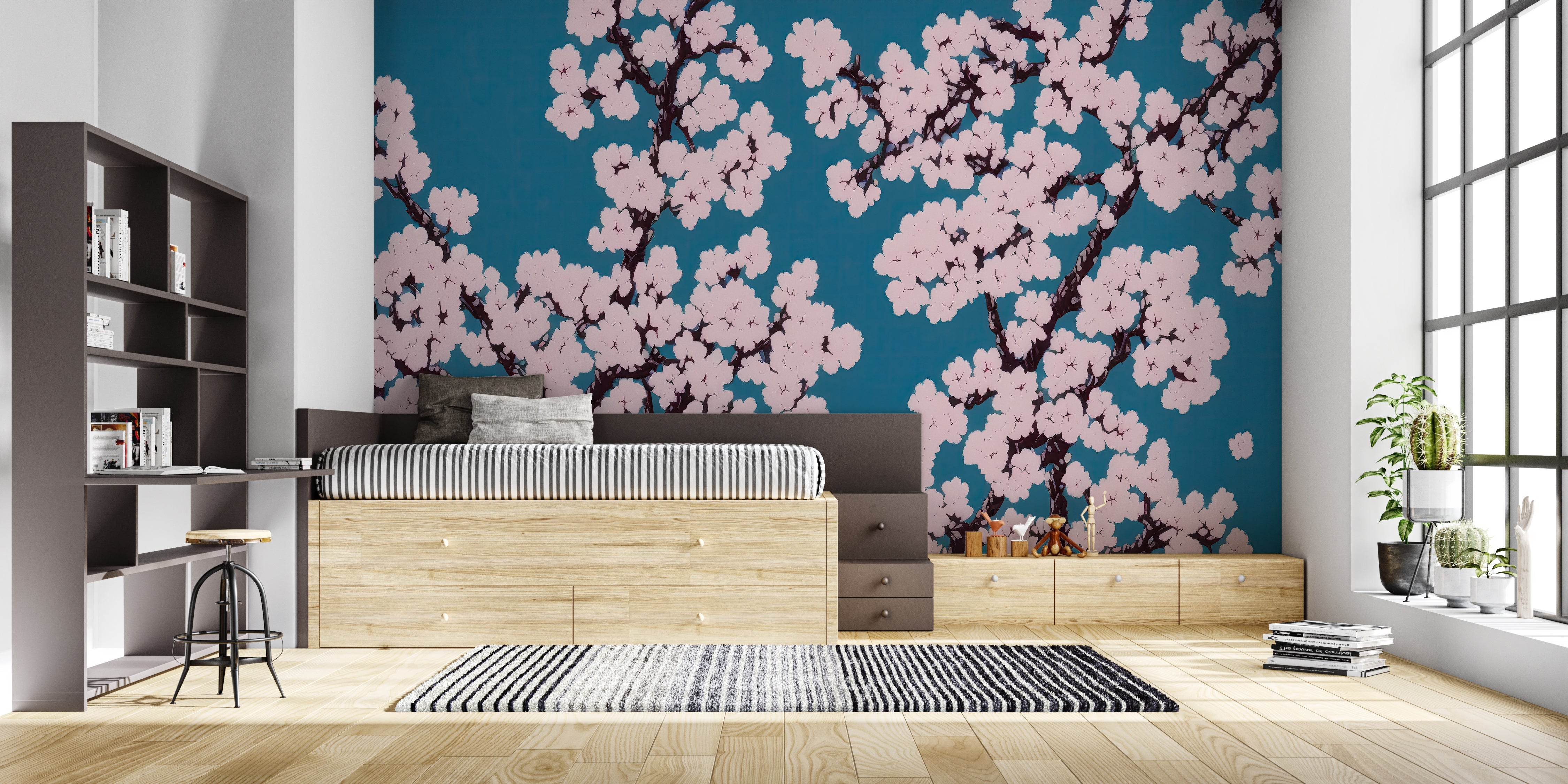 Papier Peint Cerisier Japonais Bleu
