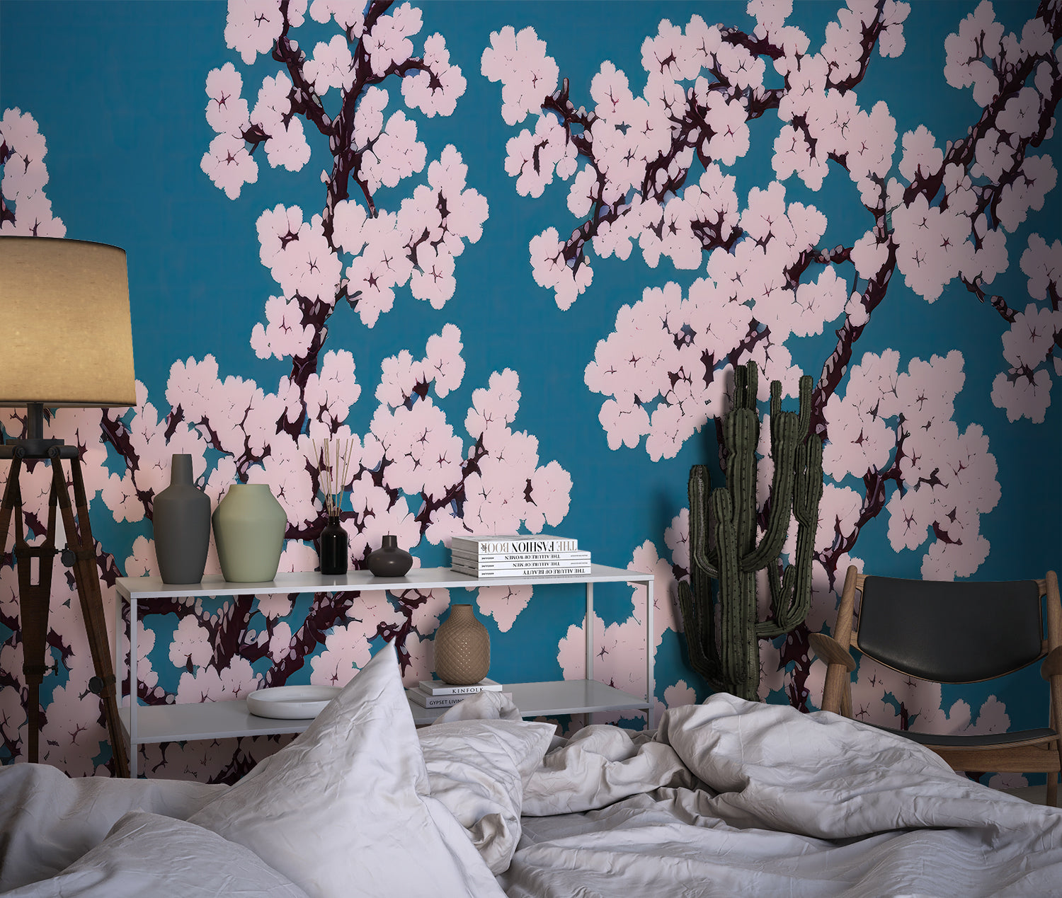 Papier Peint Cerisier Japonais Bleu