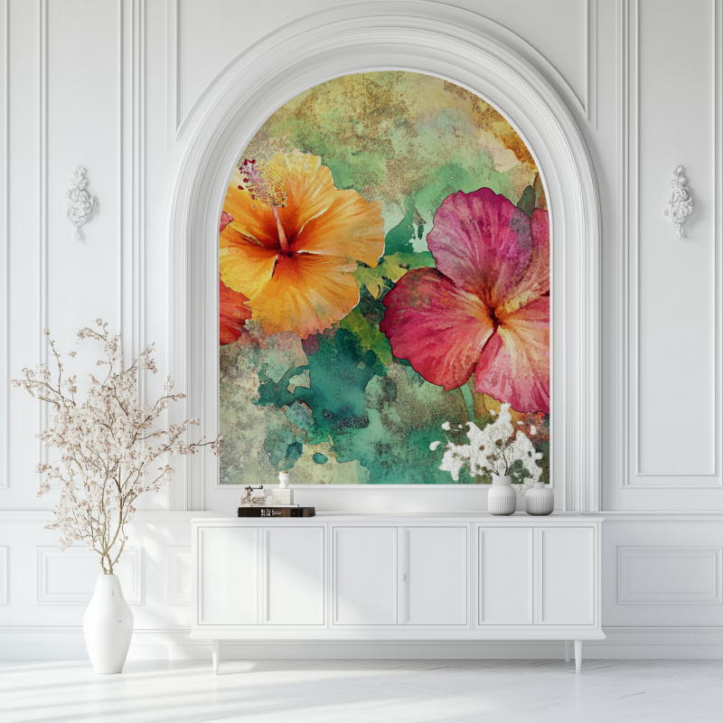 Papier peint fleur exotique salon blanc